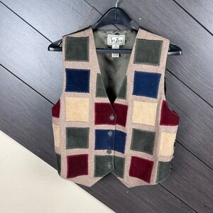TanZara Women Suede Leather Patchwork Vest Med Multicolor Western Boho Vintage